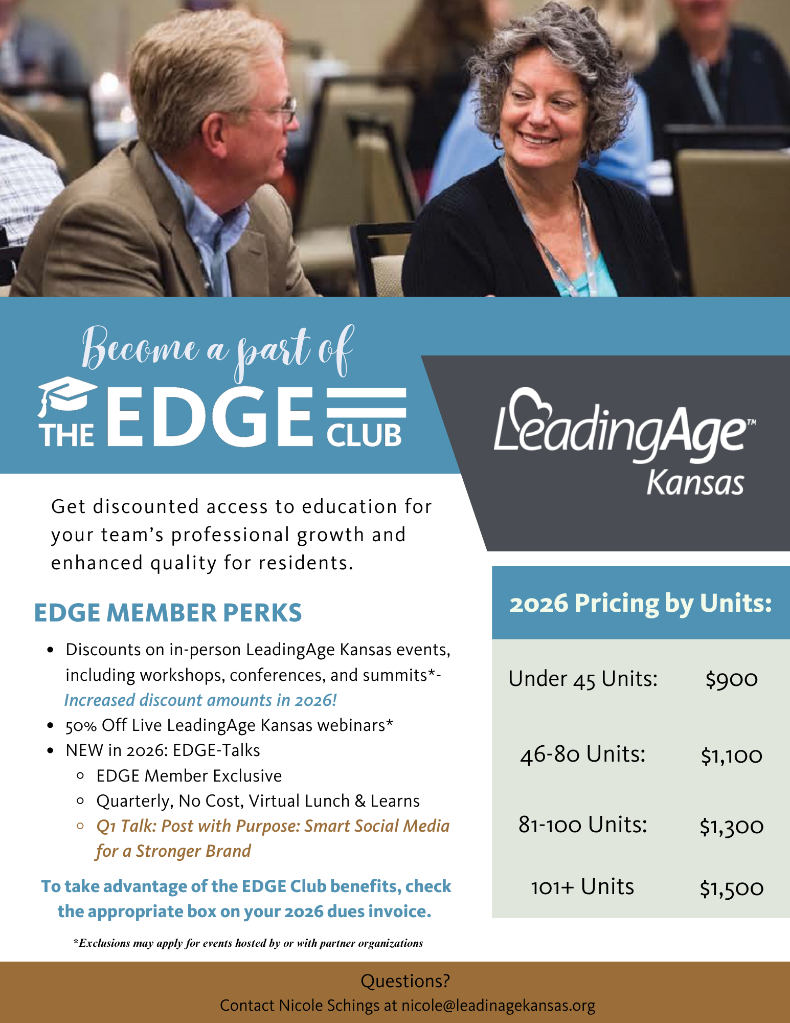 Promotional graphic for LeadingAge Kansas EDGE Club. A photo at the top shows two adults seated at a conference table in conversation, with other attendees blurred in the background. Below, a blue banner reads “Become a part of THE EDGE Club.” Text explains that members receive discounted access to education for professional growth and quality improvement. A list highlights benefits: discounts on in-person events, 50% off webinars, and new “EDGE-Talks” virtual sessions in 2026. A pricing table on the right shows annual rates by organization size: under 45 units $900; 46–80 units $1,100; 81–100 units $1,300; 101+ units $1,500. The LeadingAge Kansas logo appears on the right, and contact information is provided at the bottom.